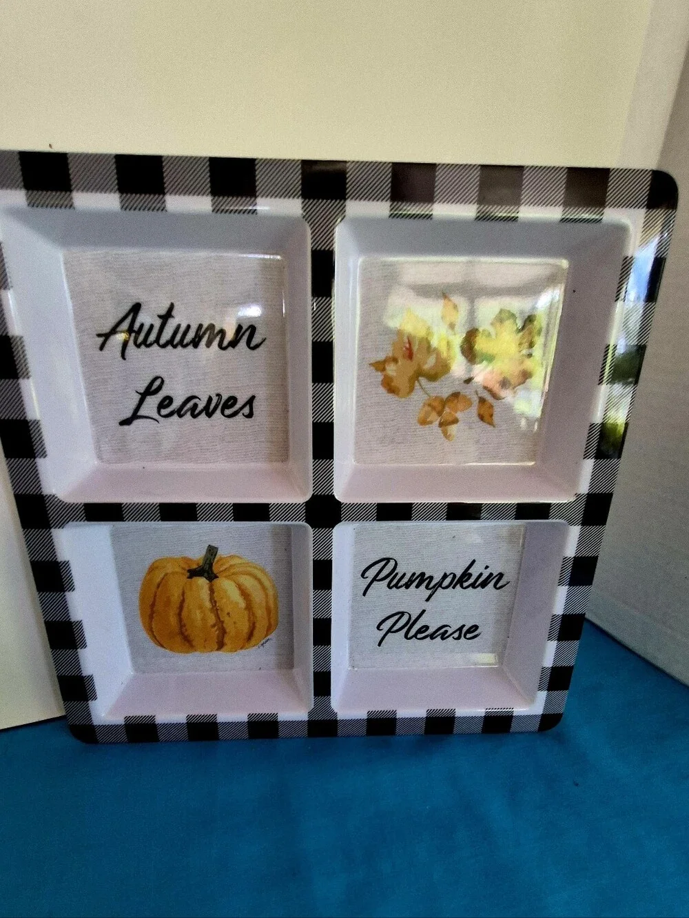 Autumn Leaves Pumpkin Please Melamine Fall Tray 4 Compartments Black White Check